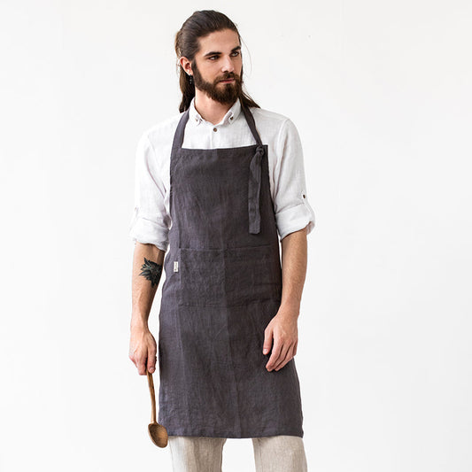 Men's Linen Bib Apron Grey Blue